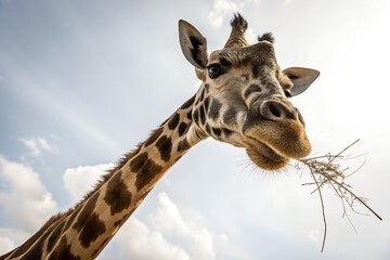 Naklejka premium Giraffe close up eating branches against cloudy sky