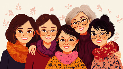 Illustration of five smiling women with glasses embracing each other in a group family portrait with a light beige background and floral leaf pattern design.