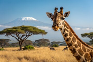 Naklejka premium Giraffe portrait against mount kilimanjaro african savanna