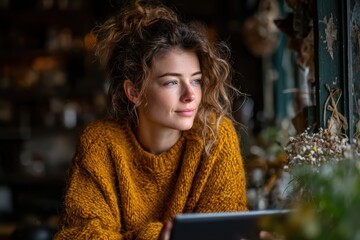 Woman working on tablet in cozy urban coffee shop, digital nomad lifestyle, white background