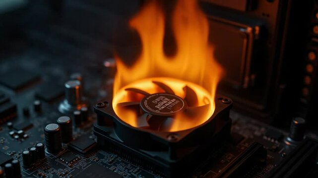 A computer motherboard with a fan on fire in the middle of it