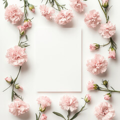 Pink carnations and roses framing a white card isolated on white background, creating a delicate and romantic floral arrangement perfect for invitations and announcements.