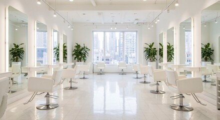 Modern white hair salon interior with styling chairs, mirrors, and city view