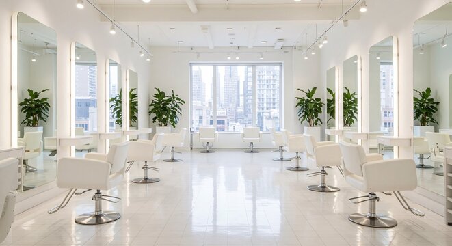 Modern white hair salon interior with styling chairs, mirrors, and city view