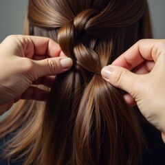 Obraz premium close woman hair being styled hairdresser woman has long straight hair styled half half down braid braid two strands hair tied together top bottom head hair light brown color appears healthy well