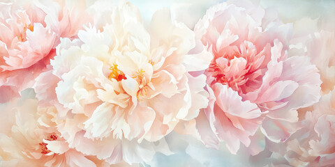 Delicate watercolor painting of pink and white peony flowers in full bloom, a romantic and elegant floral design for backgrounds, textures, and decorative prints.