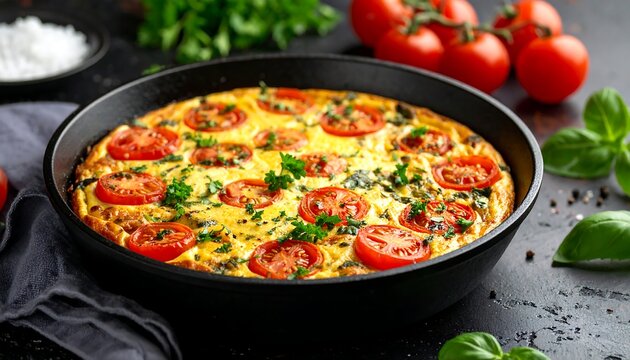Frittata with Tomatoes in Cast Iron Pan. - Powered by Adobe