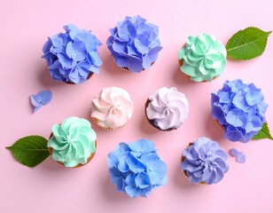 Naklejka premium 紫陽花カップケーキのスイーツセット