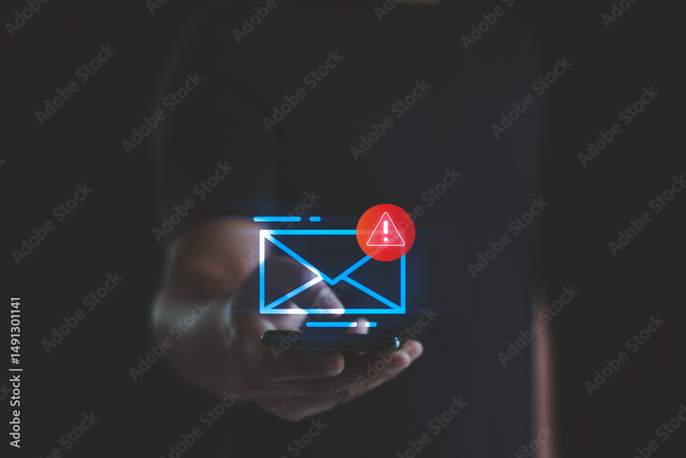 Poster fraud, sms spam, fake text message phishing from scammer concept. system hacked red warning alert, e