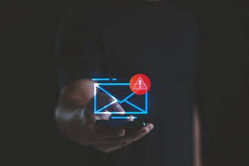 Fraud, sms spam, fake text message phishing from scammer concept. System hacked red warning alert,...