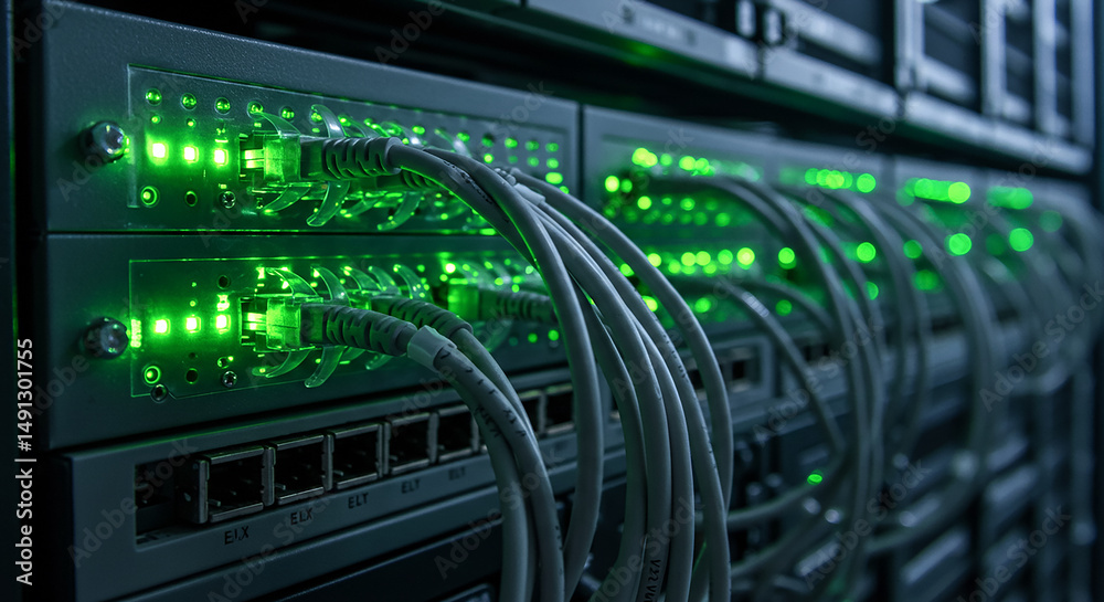 Poster network cables connected to servers in a data center, generating green lights