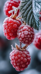 Frozen raspberries on a branch