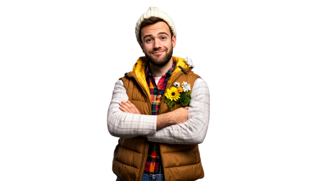 Smiling man in vest with sunflower bouquet, cut out transparent - Powered by Adobe