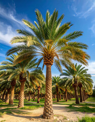 Fototapeta premium Luscious green date palm trees stand tall against the desert sky, symbolizing the agricultural heritage and resilience.