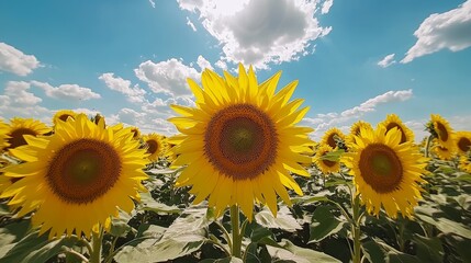 Bright sunflowers in a vast field under a vibrant summer sky.