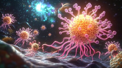 A vibrant depiction of cancer cells in a cosmic setting.