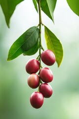 Fresh and juicy red berries dangle from a branch surrounded by bright green leaves, creating a refreshing and vibrant focal point in nature