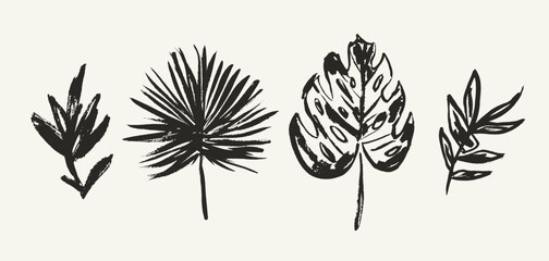 Artistic set of grunge textured vector dark brown ink hand dawning tropical leaves, fern, palm, monstera leaf. Sketch paintbrush botanical elements for textile pattern design, greeting card, logo