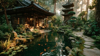 Fototapeta premium Serene Traditional Architecture with Koi Pond and Lush Greenery in a Forest Setting