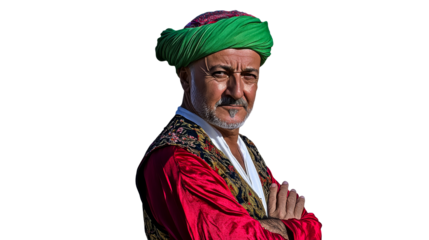 Mature Arab man with turban and traditional clothing, cut out transparent
