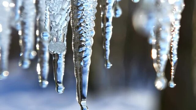 A macro shot showcases glistening icicles hanging with melting droplets, illuminated by sunlight in a cold winter environment.