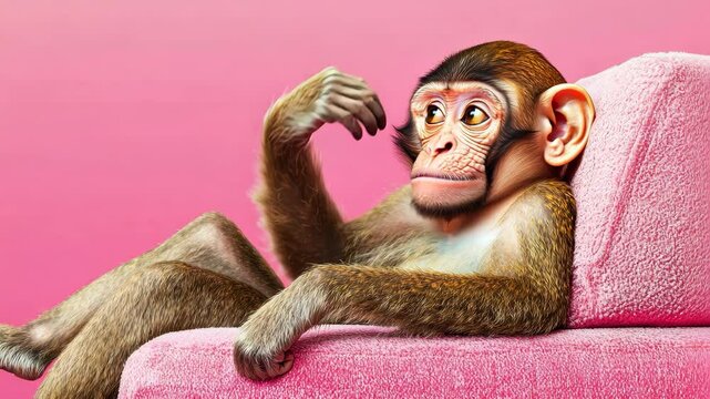 A monkey lounging thoughtfully on a pink couch.