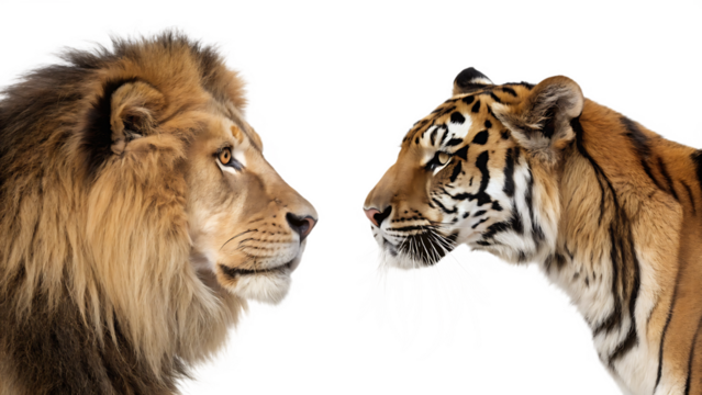 Majestic lion and tiger faceoff isolated on white background png ai generated isolated on a white background