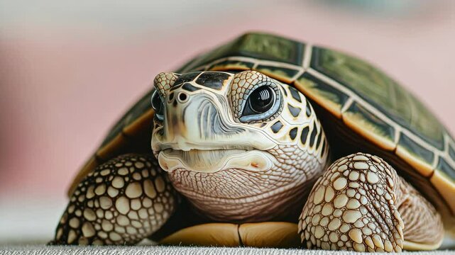 Turtle close-up with a textured shell and defined facial features.