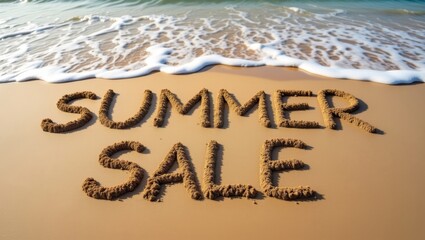 Fototapeta premium Handdrawn summer sale written in sandy beach with gentle waves and soft lighting