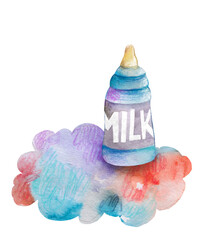 Watercolor Baby Shower cloud and baby bottle illustration