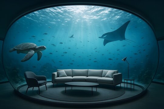 Luxurious underwater living room interior featuring panoramic ocean view marine life and modern home decor elements with comfy couch and chair