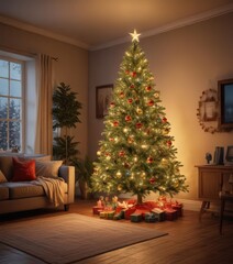 Ornamented Christmas tree glows in warm living room ,  sparkle,  room,  season