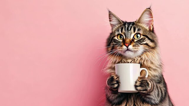 Cat holding a cup against a pink background.