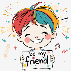 Smiling child with colorful hair holds a "be my friend" sign.