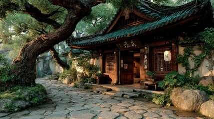 Fototapeta premium Traditional Architecture Surrounded by Lush Greenery and Stone Pathway Ideal for Cultural His