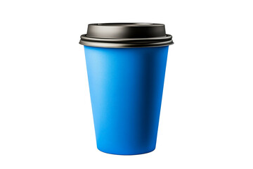Blue paper coffee cup with black plastic lid, cut out transparent