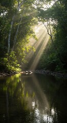Obraz premium Sunlit River in the Emerald Forest: Tranquil Dawn