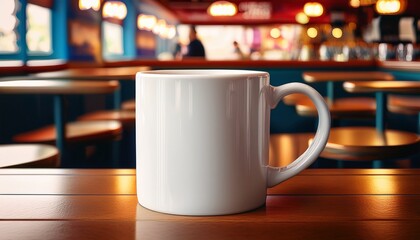 a plain white ceramic mug mockup in a vintage diner