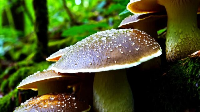 Closeup of clustered brown mushrooms with water droplets in a dense, green forest; moss covered log, woodland fungi