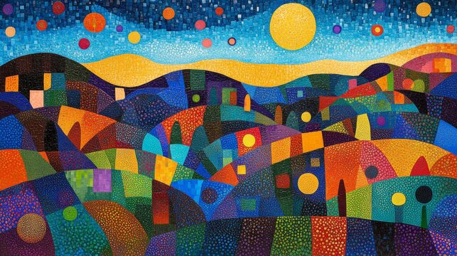 Colorful patchwork landscape under a vibrant night sky.