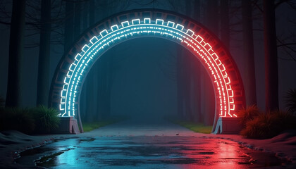 Neon Glowing Archway in a Mystical Dark Forest at Night