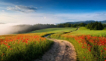 a serene landscape featuring a winding dirt path through green fields with red poppies and a misty forest in the background concept serene landscape winding dirt path green fields red poppies