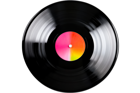 Single black vinyl record with pink gradient label, cut out transparent - Powered by Adobe
