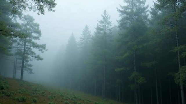 Misty beech forest on the mountain slope in a nature reserve