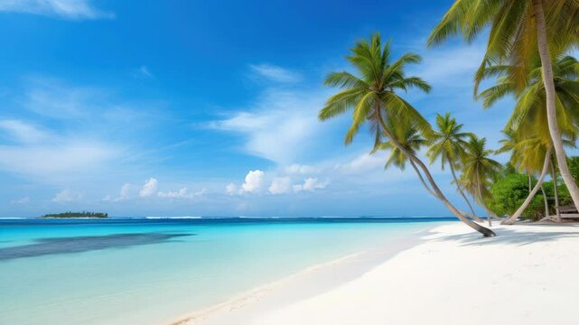A serene beach scene with leaning palm trees under a clear blue sky, captured from a low angle, perfect for a relaxing video backdrop. Live desktop wallpaper.