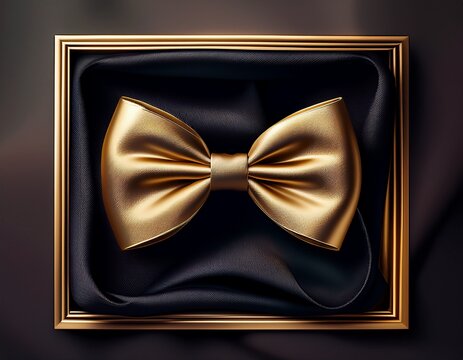 elegant gold bow tie on nested square frame with black and gold draped fabrics for luxury formal and celebratory occasion premium minimalist design refined decor for invitations