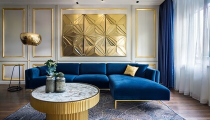 levanto style luxury living room deep sapphire blue velvet sofa glowing golden accent wall with geometric 3d patterns floating terrazzo coffee table