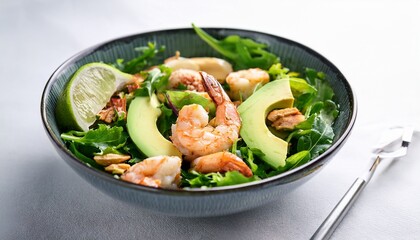 vibrant salad bowls fresh greens avocado chicken shrimp on white background