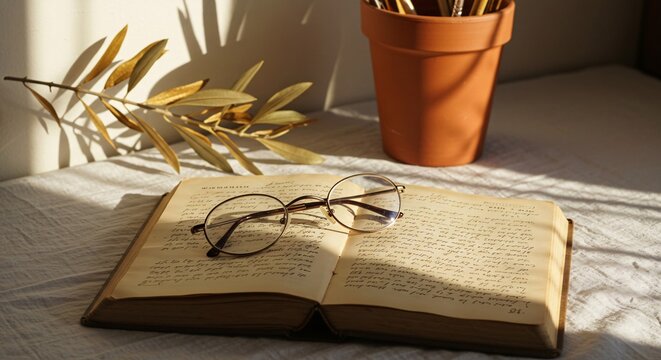 Open antique book with handwritten text and reading glasses bathed in warm sunlight