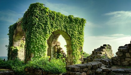 ruins of an ancient stone structure covered in lush green vines illuminated by soft diffused light filtering through the foliage concept ancient ruins lush greenery soft diffused light